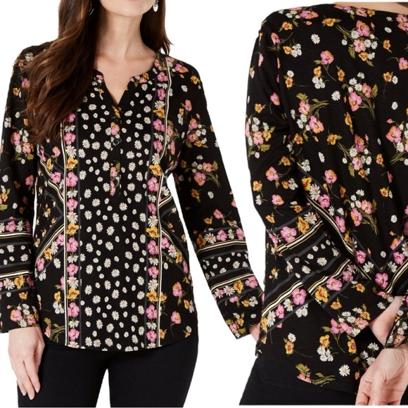 Style & Co Womens Printed Split-Neck Shirt Size XS Happy Day Black NWT - Picture 8 of 8